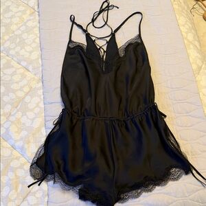 Victoria's Secret Black Lace-Trim Satin Romper